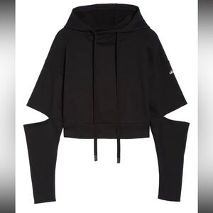 Alo Peak Cutout Long Sleeve Pullover Crop Hoodie Sweatshirt - Black